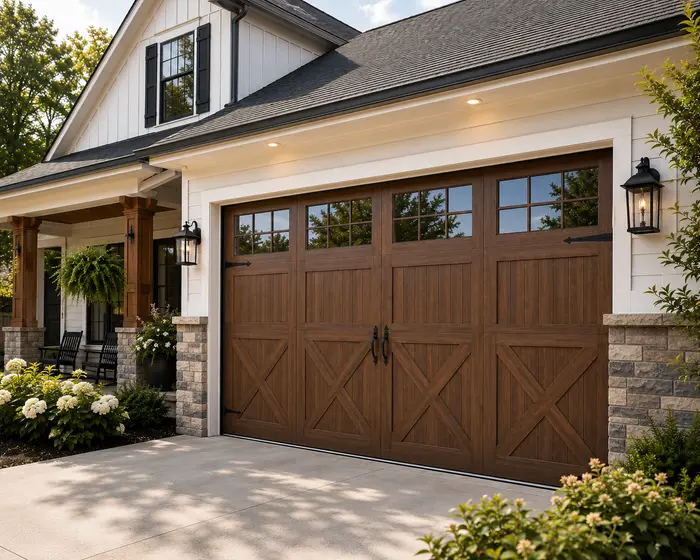 Walnut carriage-house garage door with top windows on a white farmhouse