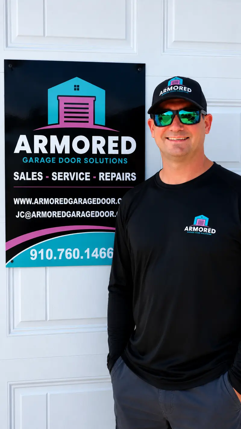 JC Antunez, owner of Armored Garage Door Solutions, in front of a company sign